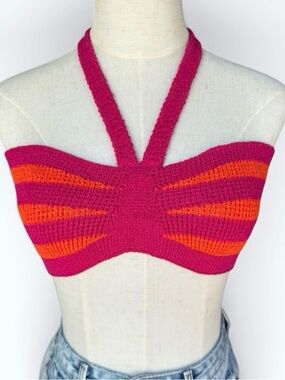 Sonia Rykiel Paris Knit Halter Crop Top Striped Fuchsia Orange Size 8 NWT